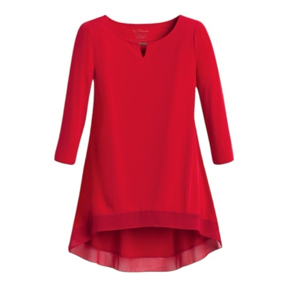 Chicos Cherry Red Demi Woven Mix Knit Top 3/4 Sleeve Hi Lo Hem Women Large - Picture 2 of 16